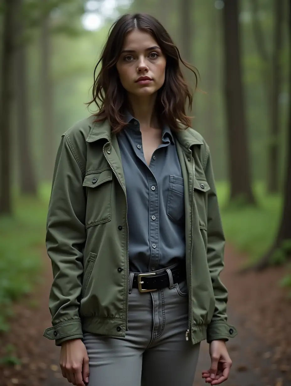 Half Length View of a young woman (resembling Dafne Keen) wearing a plain, fitted grayish/pale navy blue button up shirt, a rugged pale green cotton jacket slightly oversized, a pale gray slim-fitting jeans. Sturdy black combat boots that are scuffed and well-worn. A simple black belt with a silver buckle (in a accurate dark brown shoulder-length hair slightly messier than usual—uncombed and practical, and subtle makeup effects, such as light shadows under her eyes). In a forest, reminiscing of Supernatural TV Show scenery (Her clothes being a exact nod to Soulless Sam Winchester muted clothes from Supernatural Season 6). Daytime Setting. (4K Resolution Photo and HDR)