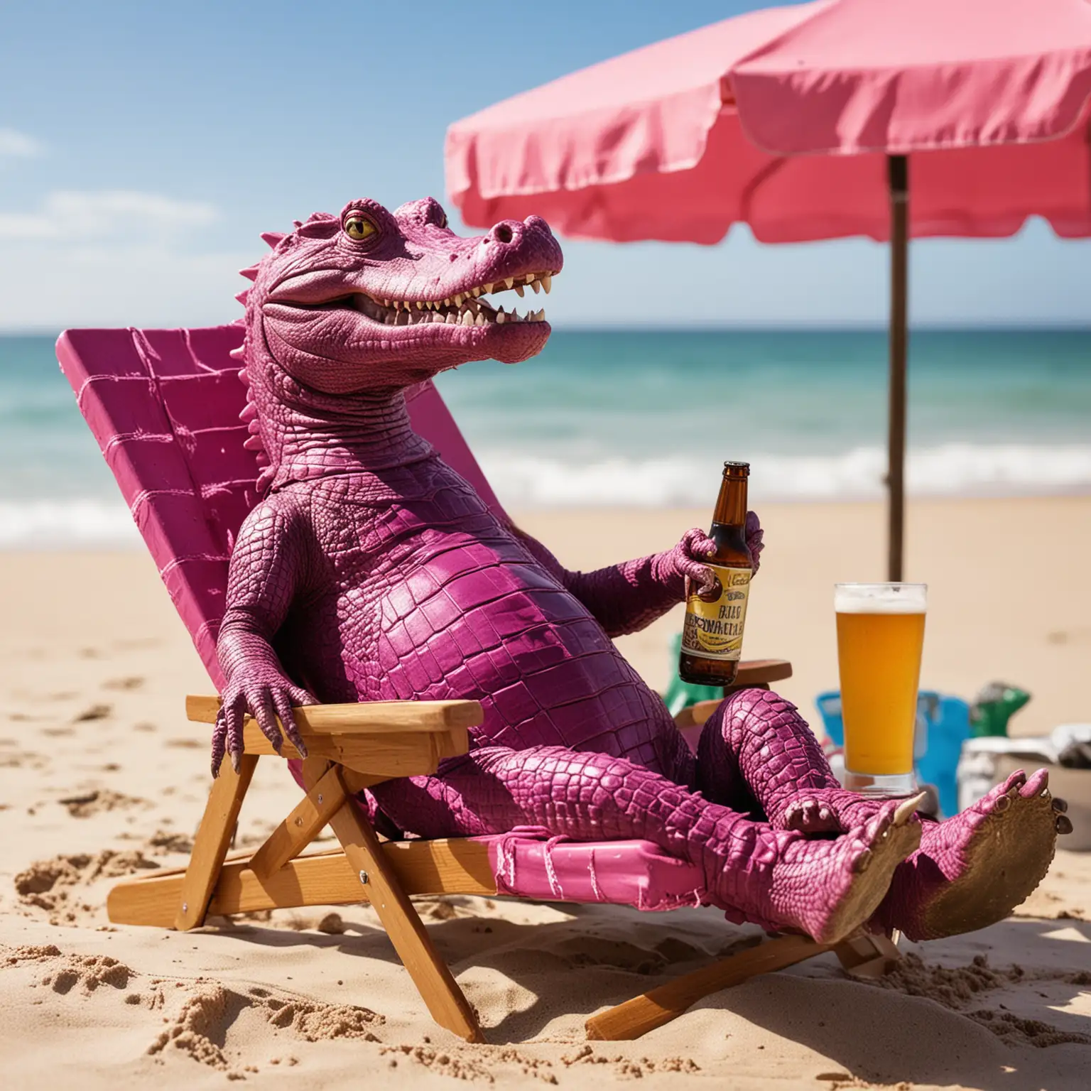 Magenta Crocodile Relaxing in Beach Chair with Beer