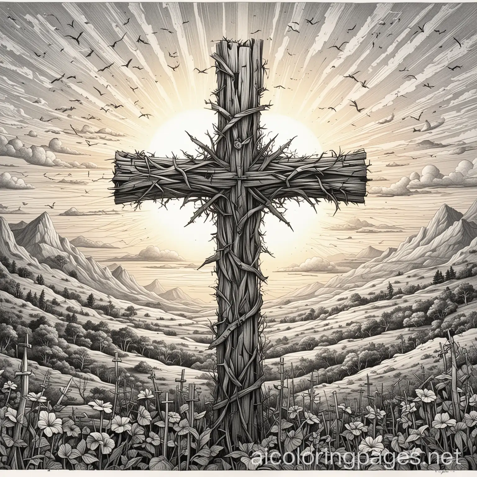 A cross, in the sunset, made out of thorns, Coloring Page, black and white, line art, white background, Simplicity, Ample White Space. The background of the coloring page is plain white to make it easy for young children to color within the lines. The outlines of all the subjects are easy to distinguish, making it simple for kids to color without too much difficulty