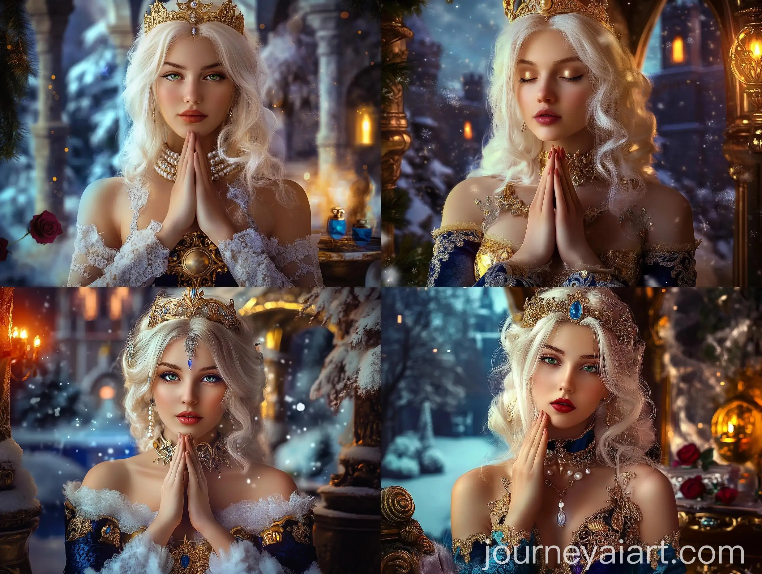 Medieval-Woman-in-Vibrant-Dress-Praying-at-Luxurious-Castle