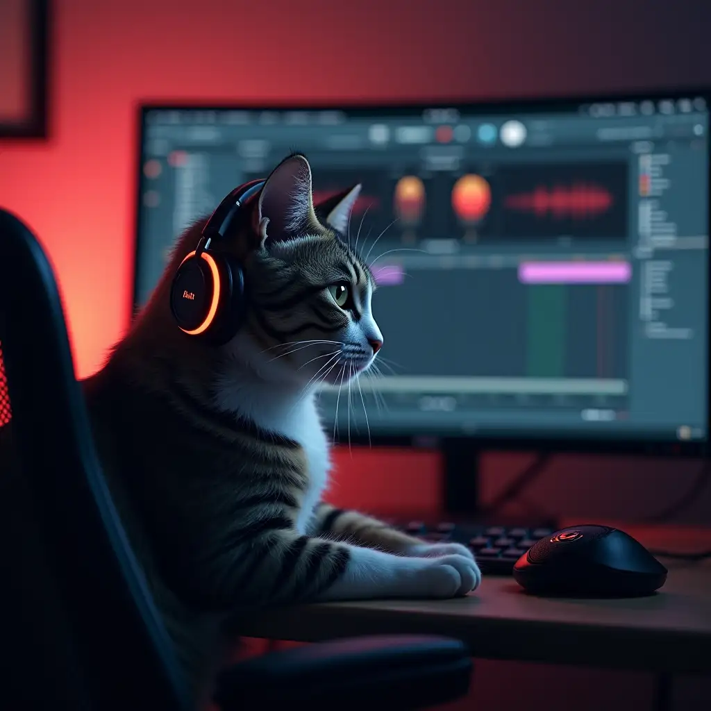 Cat-Wearing-Headphones-Working-in-FL-Studio-at-Computer-Desk