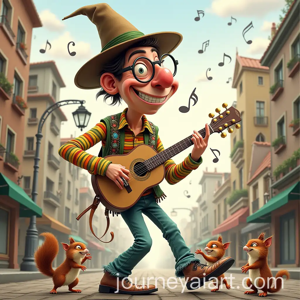 Joyful-Street-Musician-in-Whimsical-City-with-Dancing-Animals