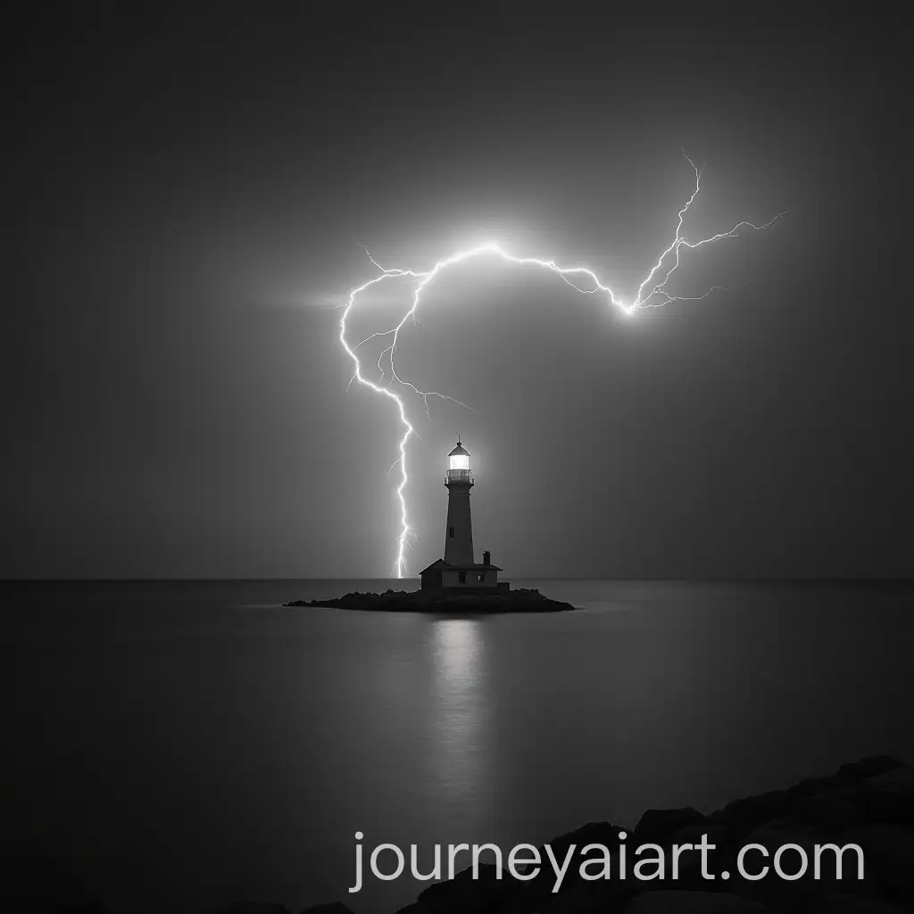 Black-and-White-Long-Exposure-Lighthouse-with-Lightning-and-Cloudy-Sky