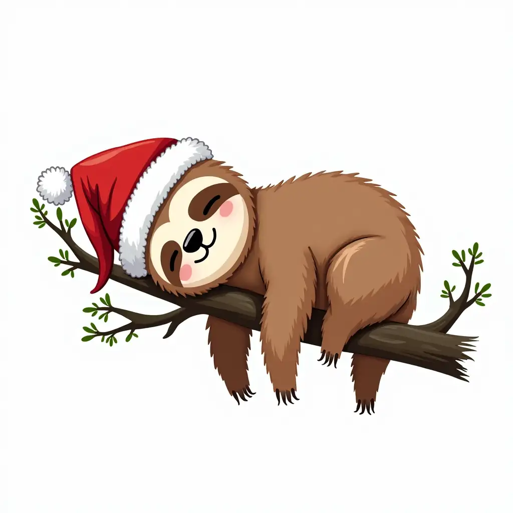 Cartoon Sloth in a Santa Hat Relaxing on a Tree Branch