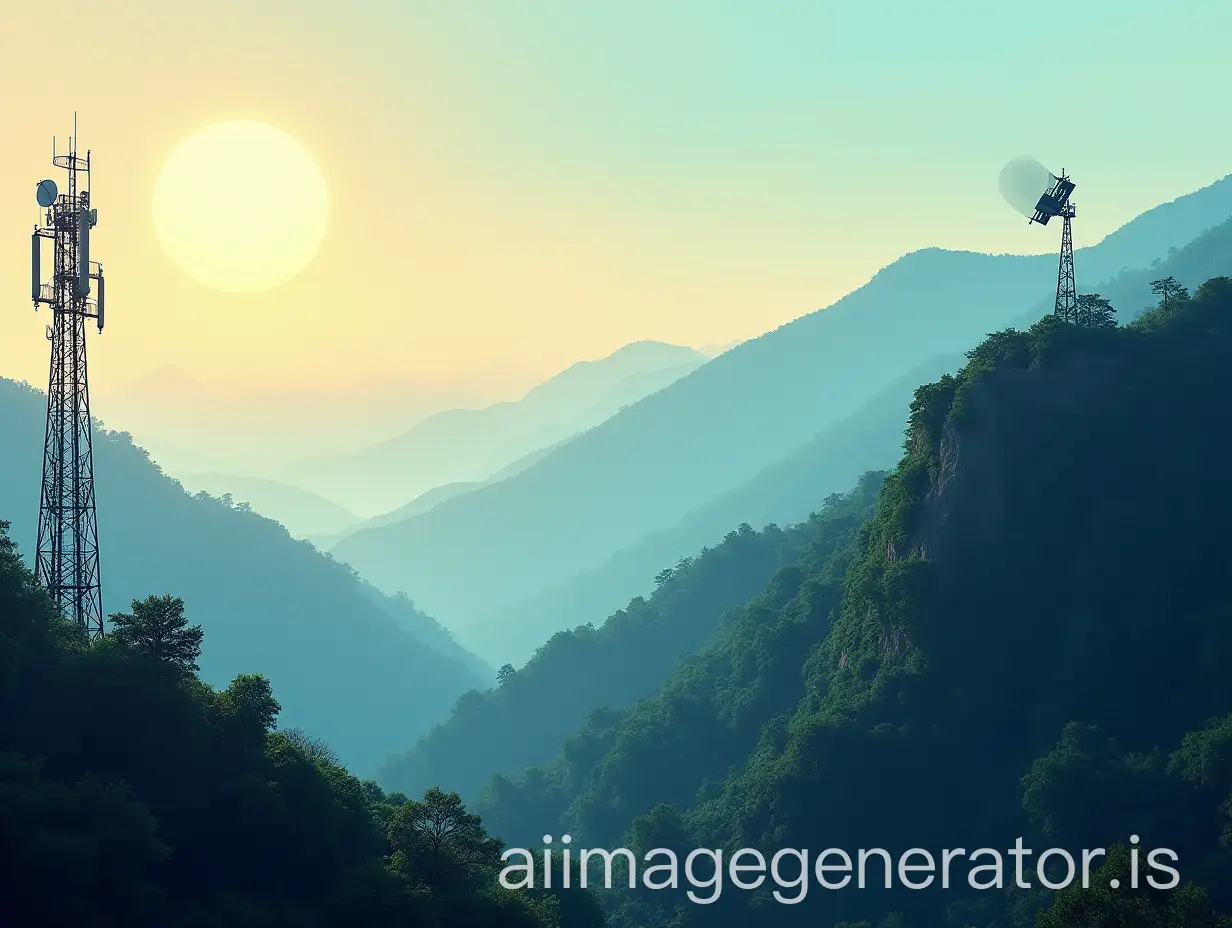 Midday-Jungle-Scene-with-Communication-Tower-Military-Radar-and-Satellite