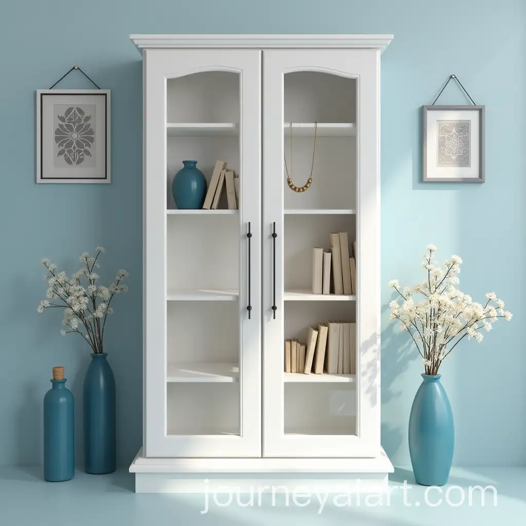 Modern-Minimalist-White-Wooden-Cabinet-with-Blue-Walls-and-Decorative-Elements