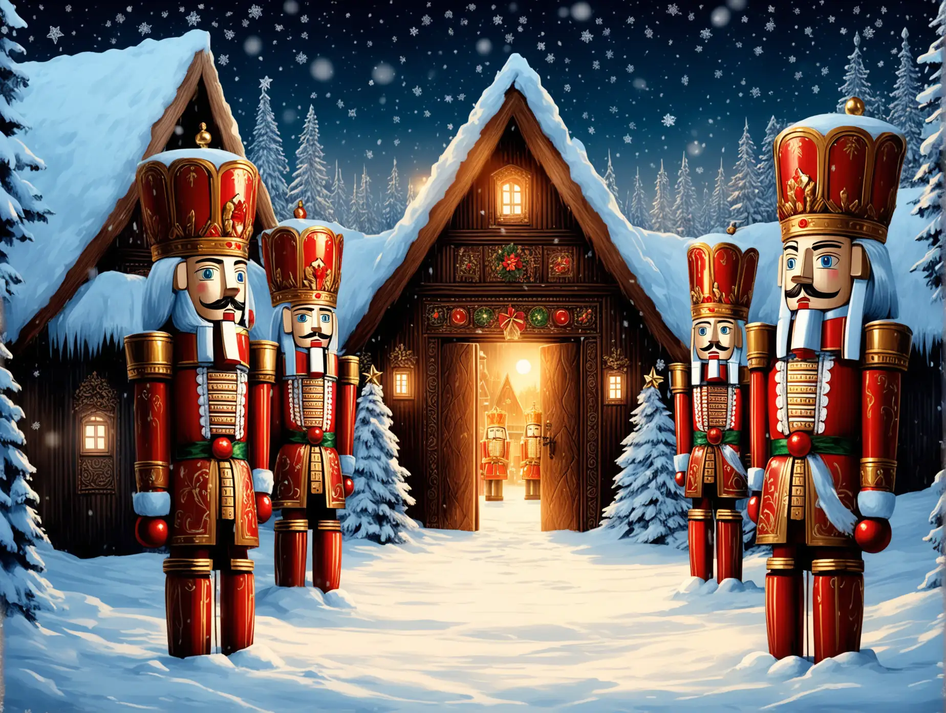 Snowy-Christmas-Eve-in-Lapland-with-Towering-Nutcrackers-Guarding-Village-Entrance