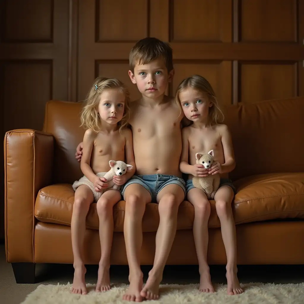 Children-Cuddling-on-Leather-Couch-with-Stuffed-Animals-in-Cozy-Room