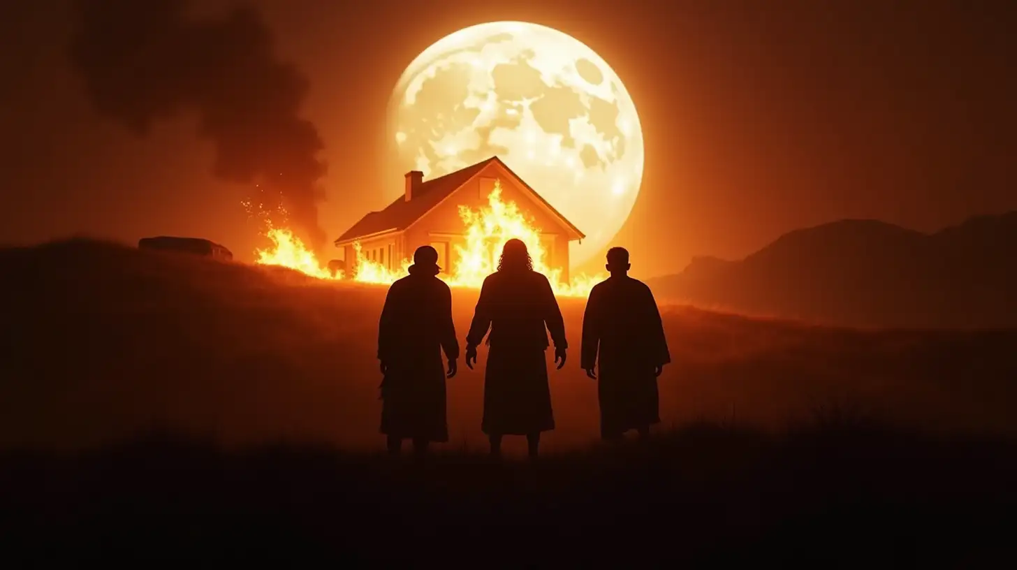 Three Men Silhouetted Against Burning House with Full Moon Biblical Era Scene