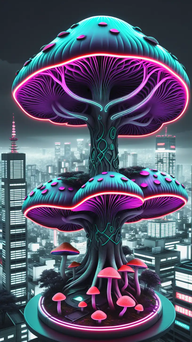 Yggdrasil Tree on a Neon Mushroom in a Futuristic Tokyo Landscape