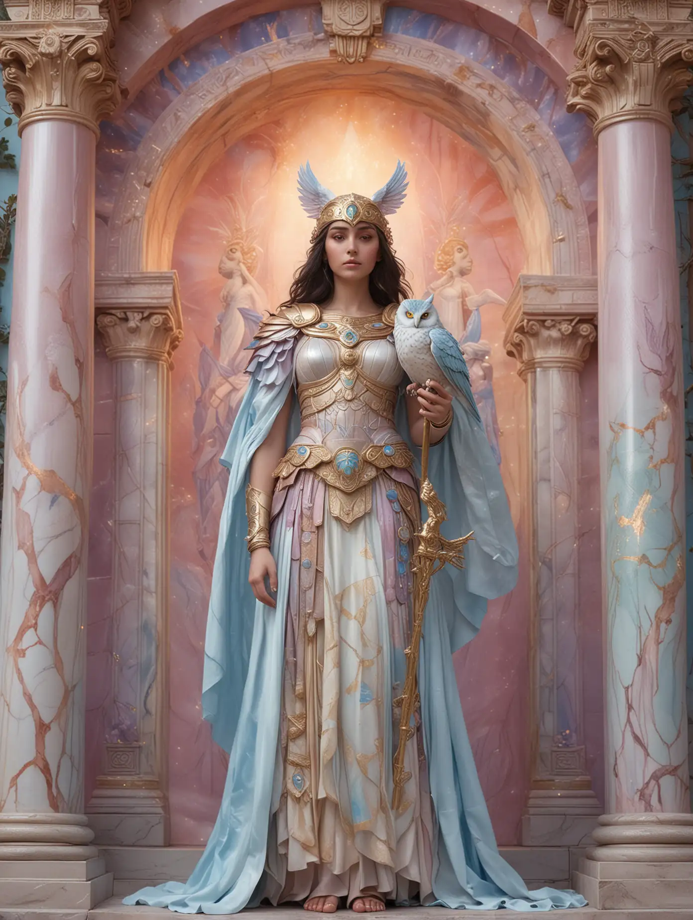 Goddess Athena in Ethereal Rainbow Pastel Style at Dawn