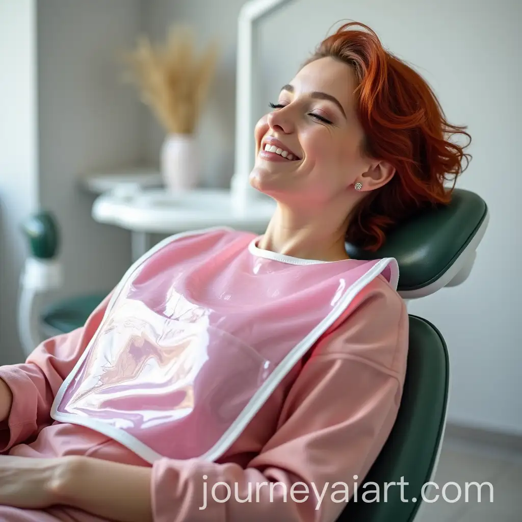 Woman-in-Dentist-Chair-Wearing-Shiny-Pink-PVC-Mealtime-Bib