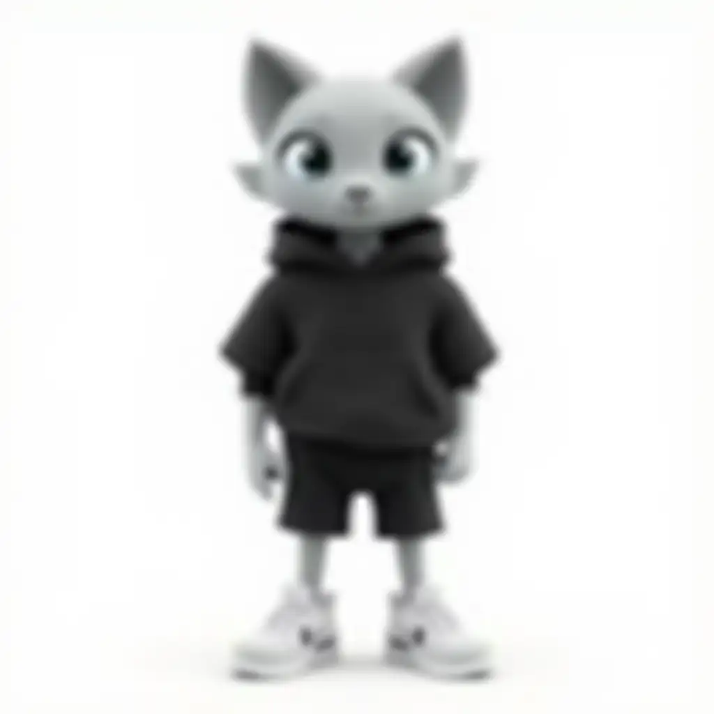 A unique, original character design for animation. The character is not a human or animal, something new and creative, with a smooth grey skin or surface. It has cute or stylish ears (not animal-like, more abstract or techy). Outfit includes white Nike Air Max sneakers, black shorts, black hoodie, Apple AirPods Max headphones, and an Apple Watch. The character should look modern, minimalistic, and suitable for YouTube content. Full body, front view, clean white background.