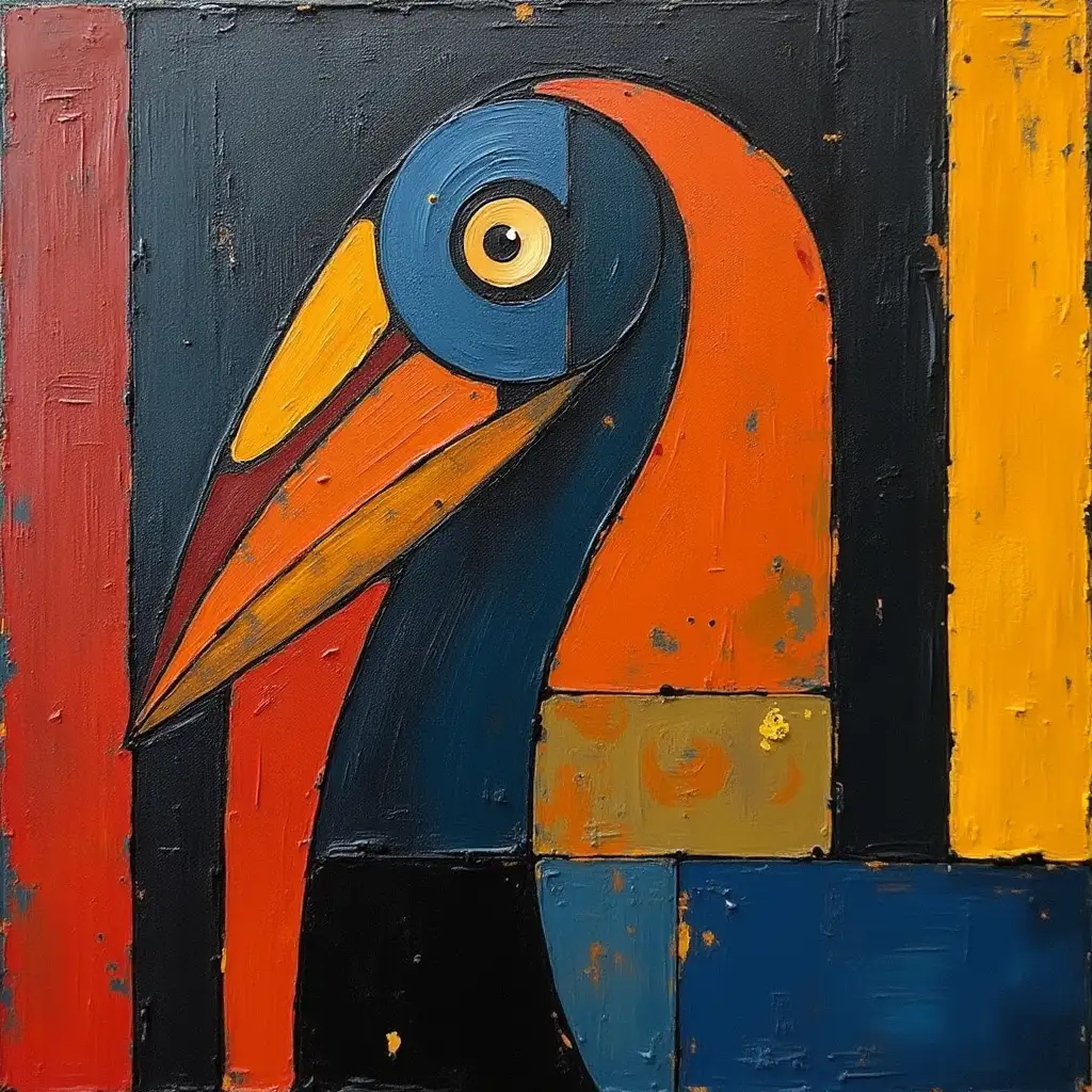 picture in a grid, strip, primitively schematic stork portrait face darkness in the style of Kandinsky, Malevich, minimalism, simplify for beginning artist acrylic many colors, constructivism abstractionism