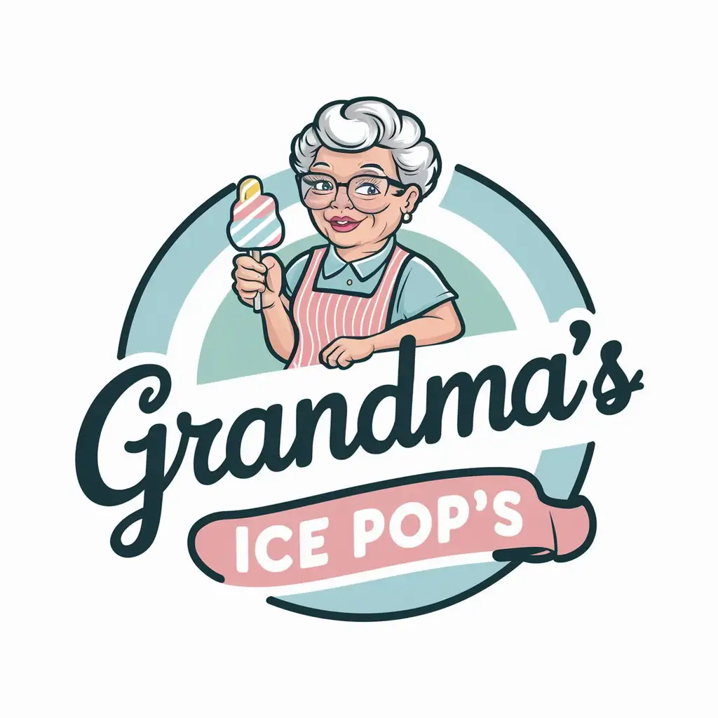 create a logo for an ice cream business it is professional Vintage and friendly, reflecting a nostalgic feel. your color pallette uses  Cool and refreshing colors such as light blue, mint green, and white. incorporate a pop of color like pink  for accent the Font is A handwritten or script font to give a personal, homemade feel for the text 'Grandma's' with black or blue and a rounded fun font for the text 'Ice Pop's'. it's easy to read. use an Icon that represents both 'grandma' and 'ice pops.' a friendly, cartoon-style grandma holding an ice pop or an ice cream with a vintage twist.