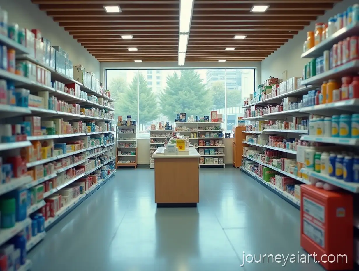 Inside-a-Chemist-Store-with-Shelves-Clearance-Table-and-Cozy-AtmosphereChemist-Store-Interior