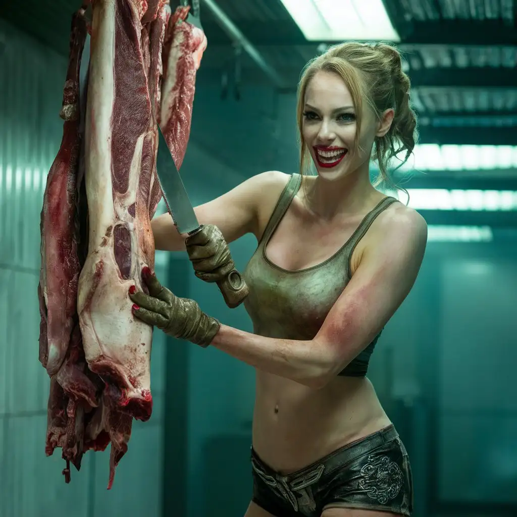 Seductive-Woman-Carving-Meat-with-Butchers-Knife-in-Grimy-Setting