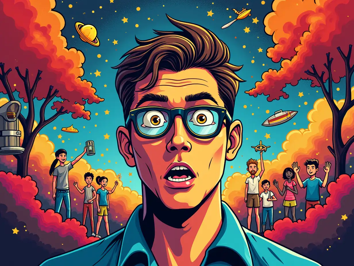 Stylish illustration/comic with striking and modern aesthetics, using vivid and contrasting colors. An intelligent man looks at the camera with a surprised expression. He is in the center of the image, half-body. In the background there are several concepts: music, cinema, sports, science