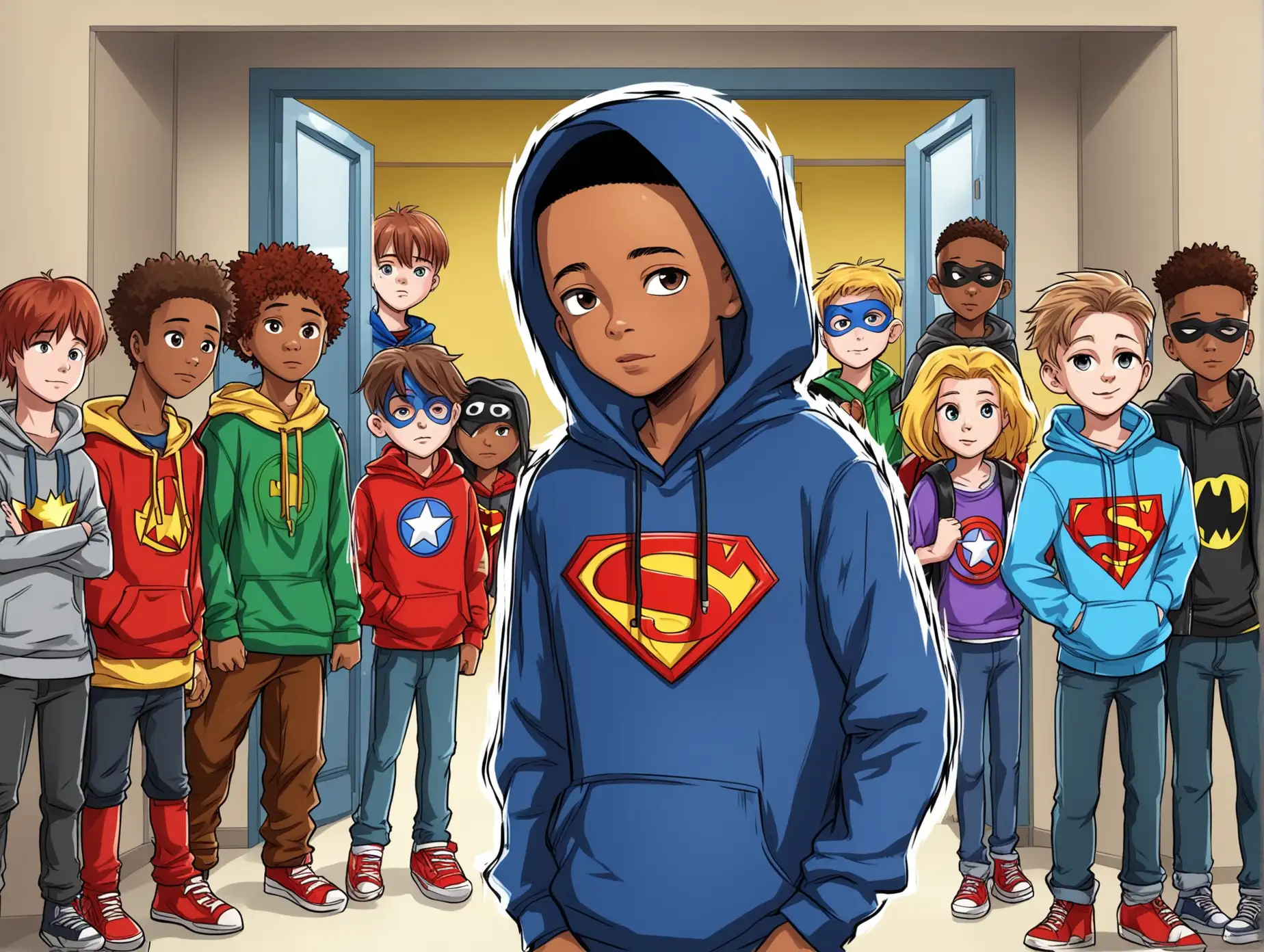 Cartoon Character Jaden in Superhero Hoodie with Friends at School Entrance