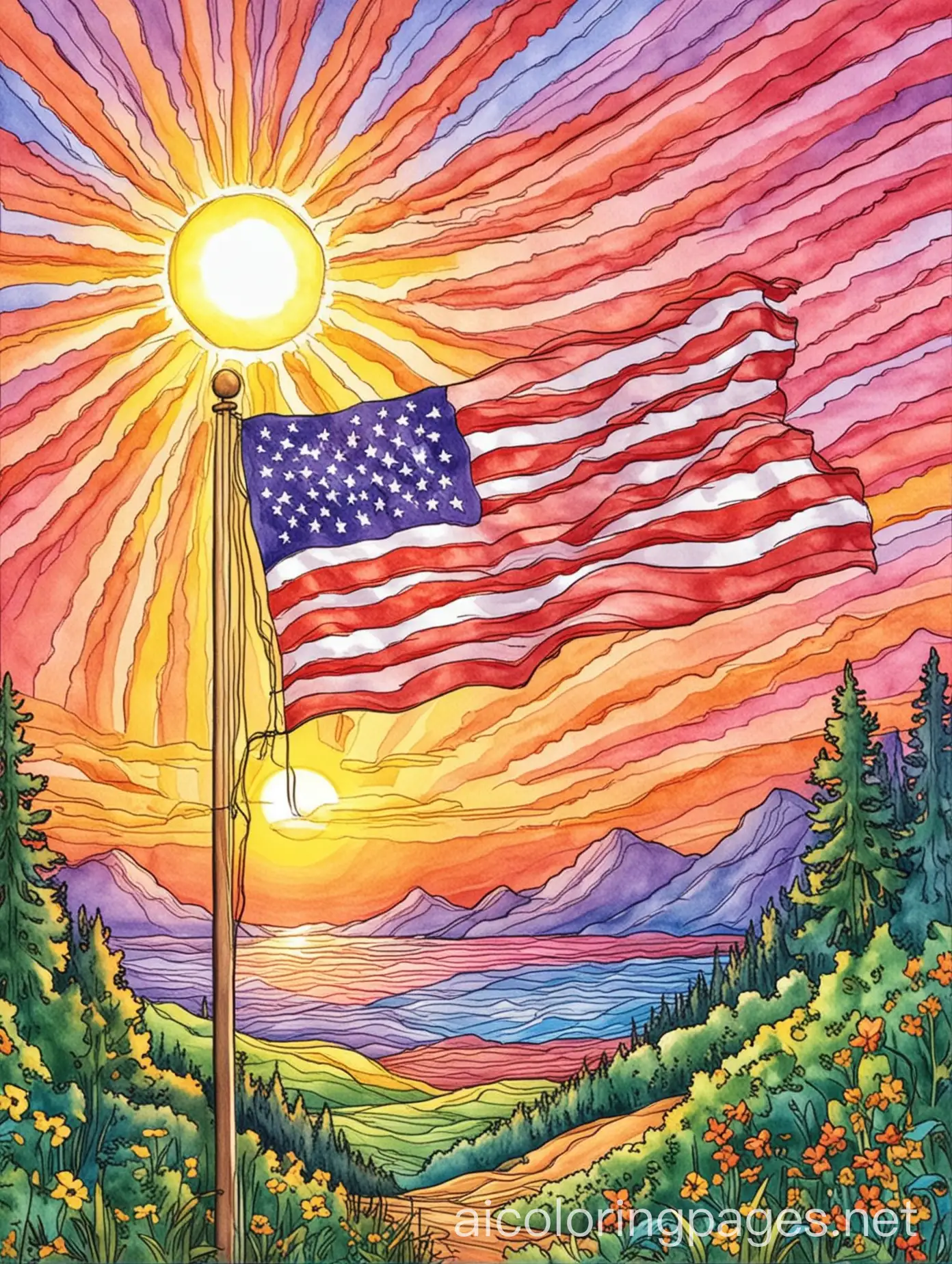 Waving-American-Flag-at-Sunrise-Coloring-Page-for-Elementary-Students