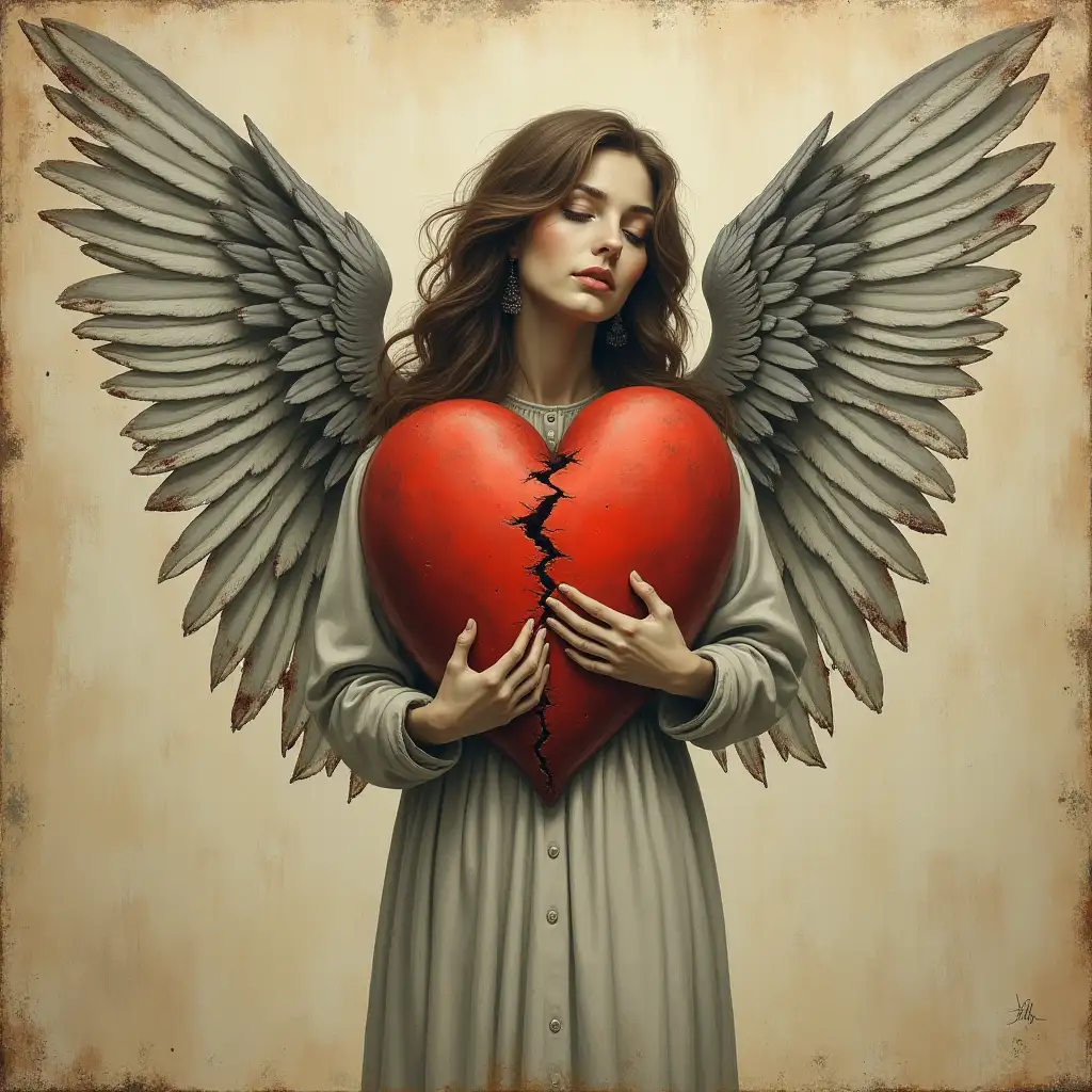 Angel with tattered wings and a broken heart