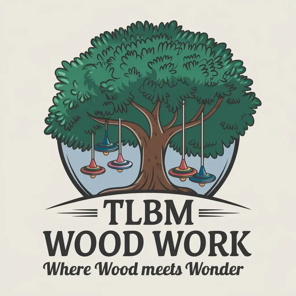 LOGO Design for TLBM Wood Work Cartoon Tree with Colorful Spinning Tops and Wonder Theme