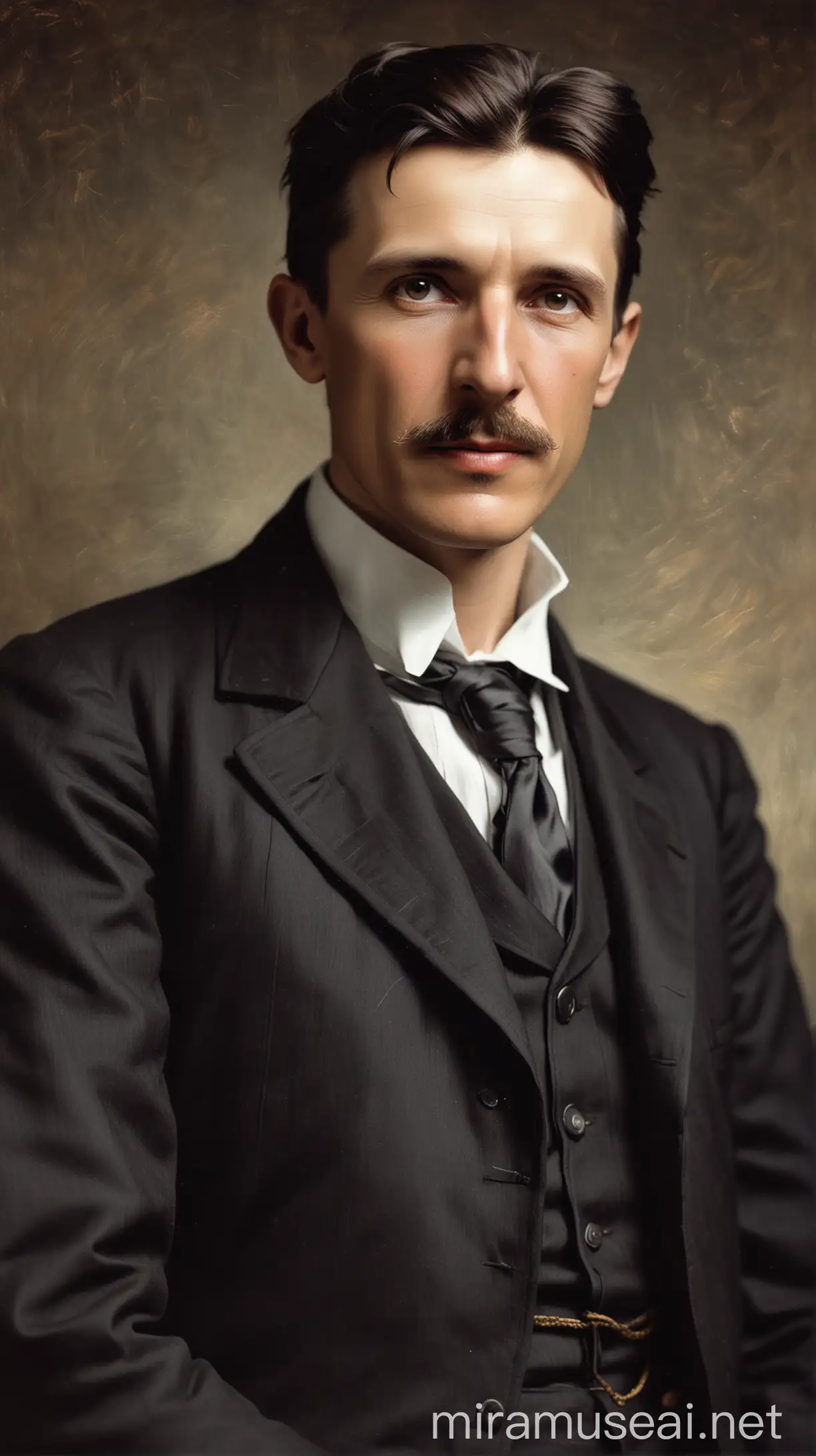 Portrait of Nikola Tesla with Electrical Inventions and Laboratory Equipment