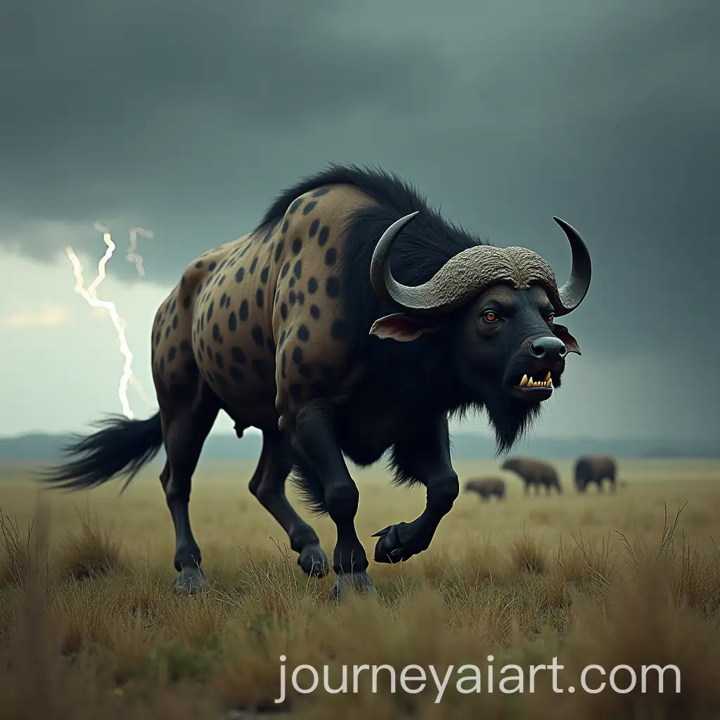 Hybrid-BuffaloHyena-Creature-Stalking-the-Stormy-Savanna