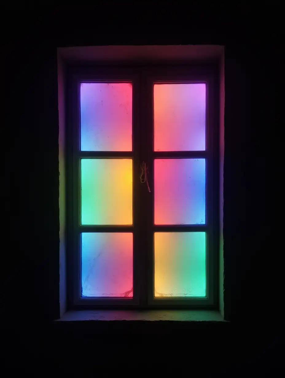 A window without muntins, dark frame, in the window several glowing, bright rainbow colors