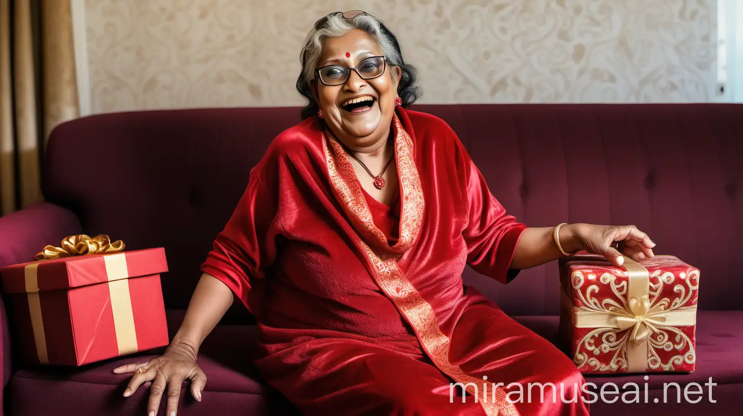 Joyful Bangladeshi Muslim Senior Woman with Gift Box in Luxurious Motel