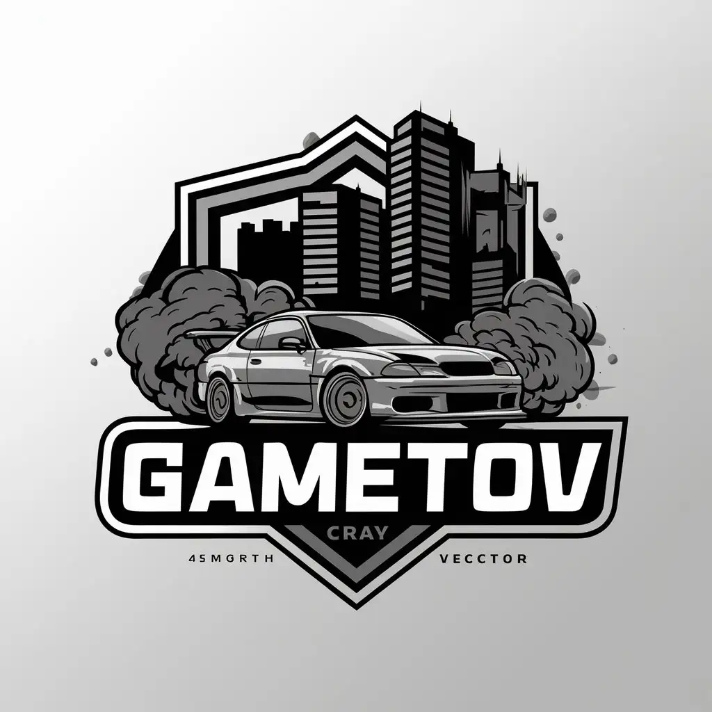 a vector logo design,with the text "GameTOV", main symbol:drifting car. City. A lot of smoke and dynamics in the frame,complex,be used in Entertainment industry,clear background