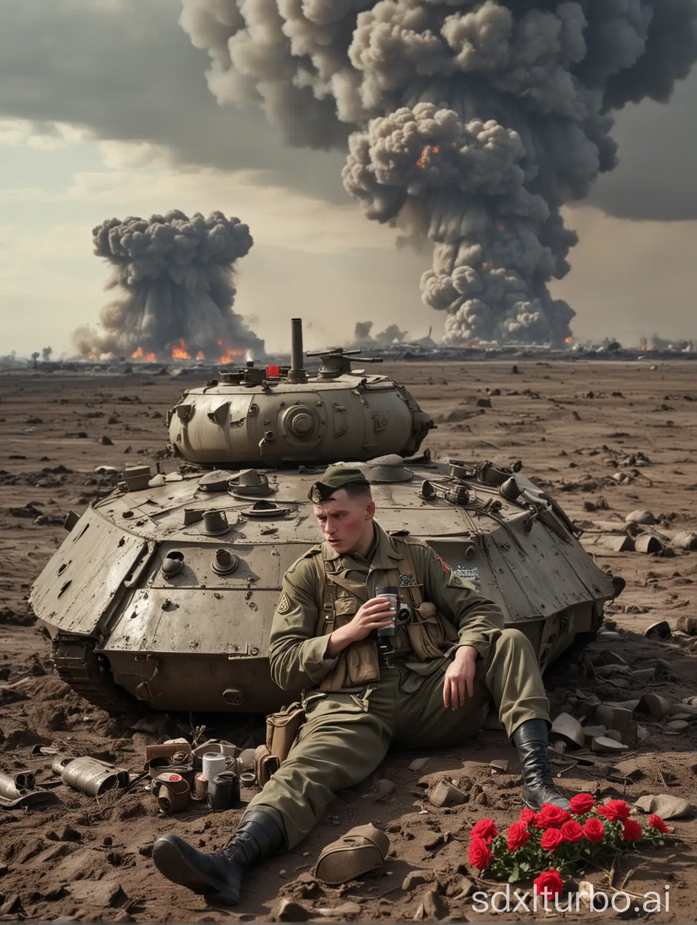A weary soldier sits on an overturned tank, sipping from a thermos as nuclear sirens wail in the distance. His squad debates whether the mushroom cloud on the horizon looks more like a rose or a portobello.