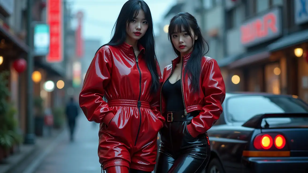 Two-Asian-Women-in-Shiny-PVC-Jumpsuits-and-Boots-on-a-Japanese-Street-at-Dusk-with-Nissan-R32