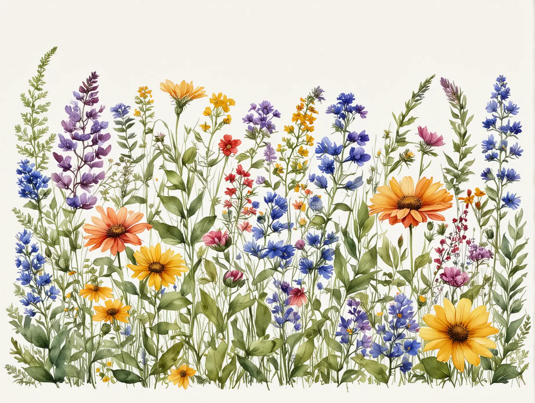 Watercolor Wildflower Border on White Background