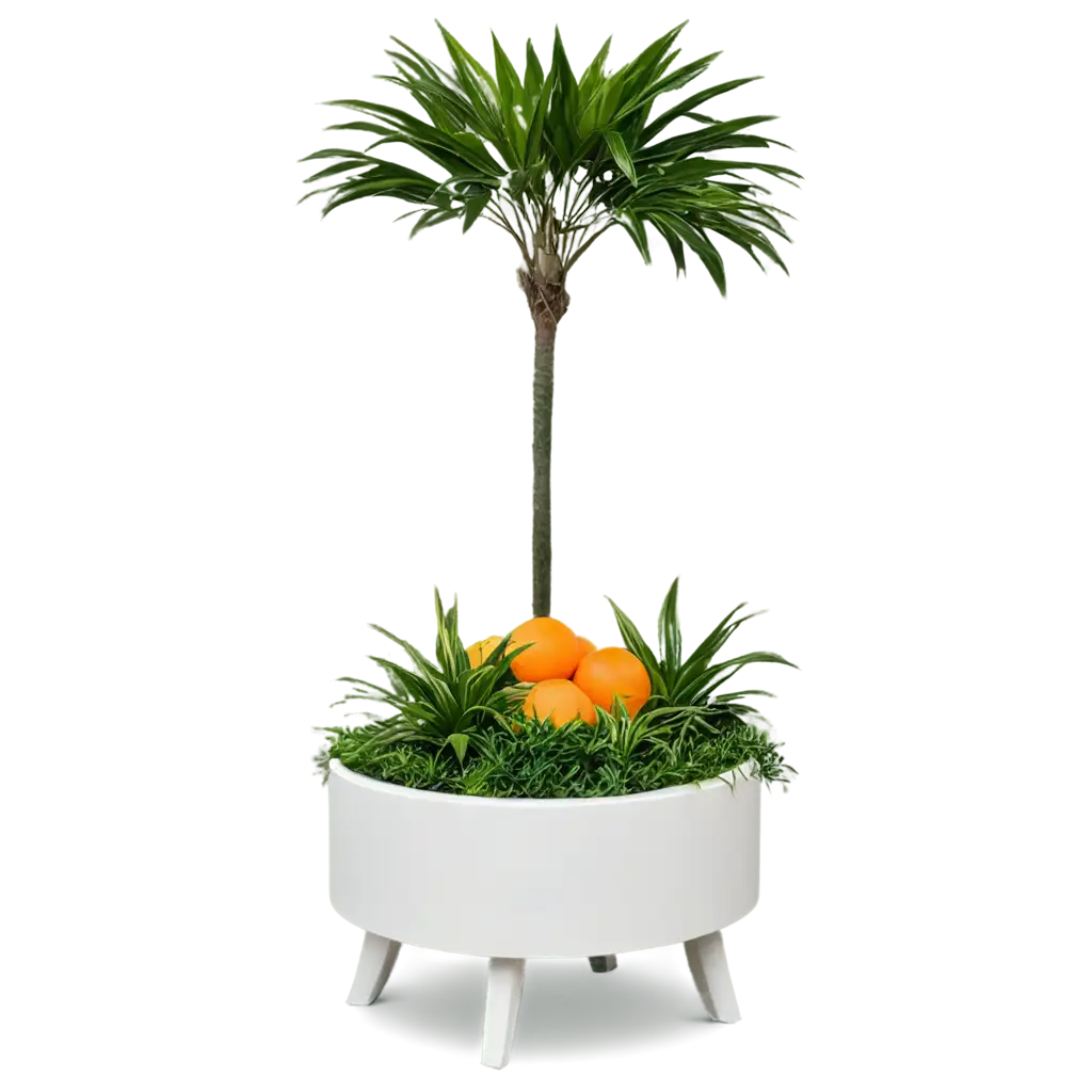 Circular-White-Pedestal-with-Dracaena-Trees-and-Orange-Fruits-PNG-Image-High-Quality-for-Versatile-Use