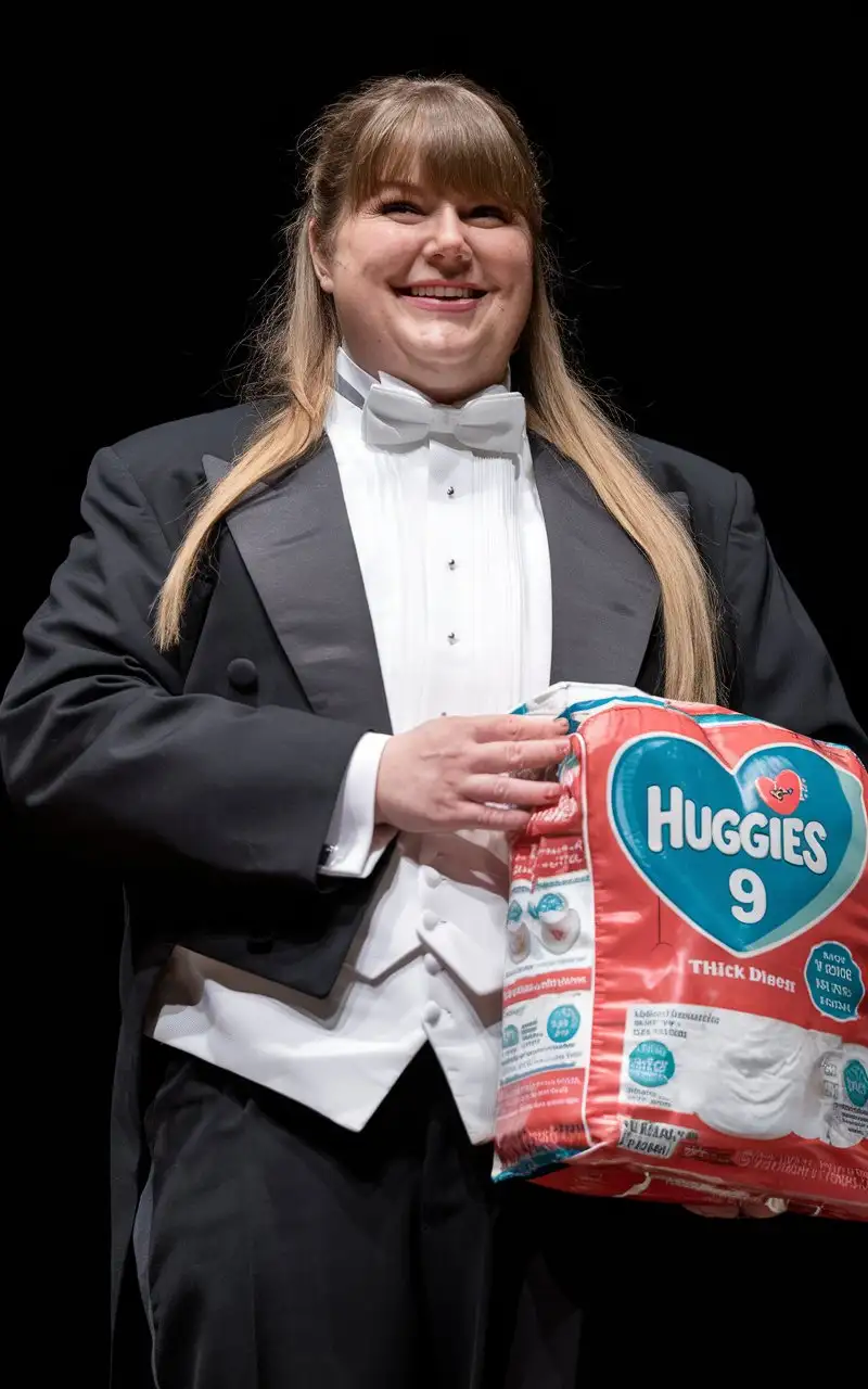 sweet smiling huge fat obese with large wide hips Caucasian woman, with long blonde pulled back hair with bangs, wearing a very formal orchestra concert tuxedo with black long sleeve high cut cropped Eton jacket, white defined wing-tip collar tuxedo shirt with many thick vertical pleats front, red formal adjustable thick around collar neckband red diamond point bow tie, red cummerbund, black tight high cut spandex leotard, fishnets, standing on stage, holding a mid-size red and white with teal lettering plastic package of Huggies THICK Diapers Size 9, for a game show, full body front view.