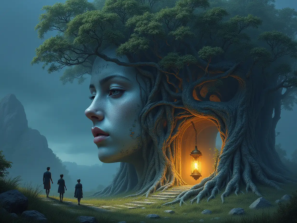 Creating a digital painting of a face with hair transforming into a building with silver stone and illuminated trees with roots and lantern and alien beings on a meadow