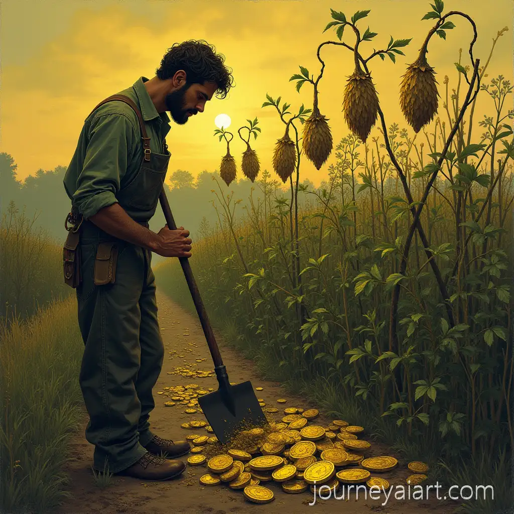 Farmer-Contemplating-Withered-Coins-on-Barren-Farm-at-Twilight