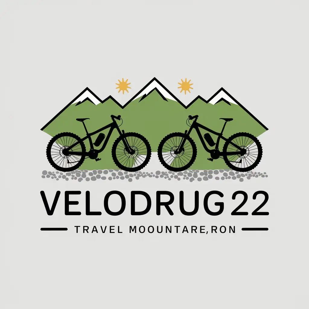 a vector logo design,with the text "Velodrug22", main symbol:Two mountain bikes, gravel, mountain, mtb. Travel, mountains, road, Altai,Moderate,be used in Travel industry,clear background