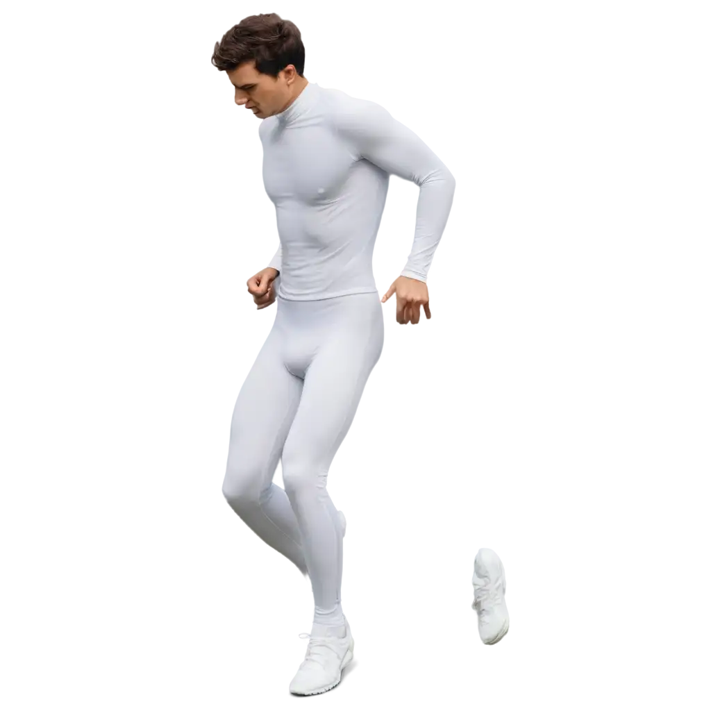 A young man running, in white compression suit, in the park