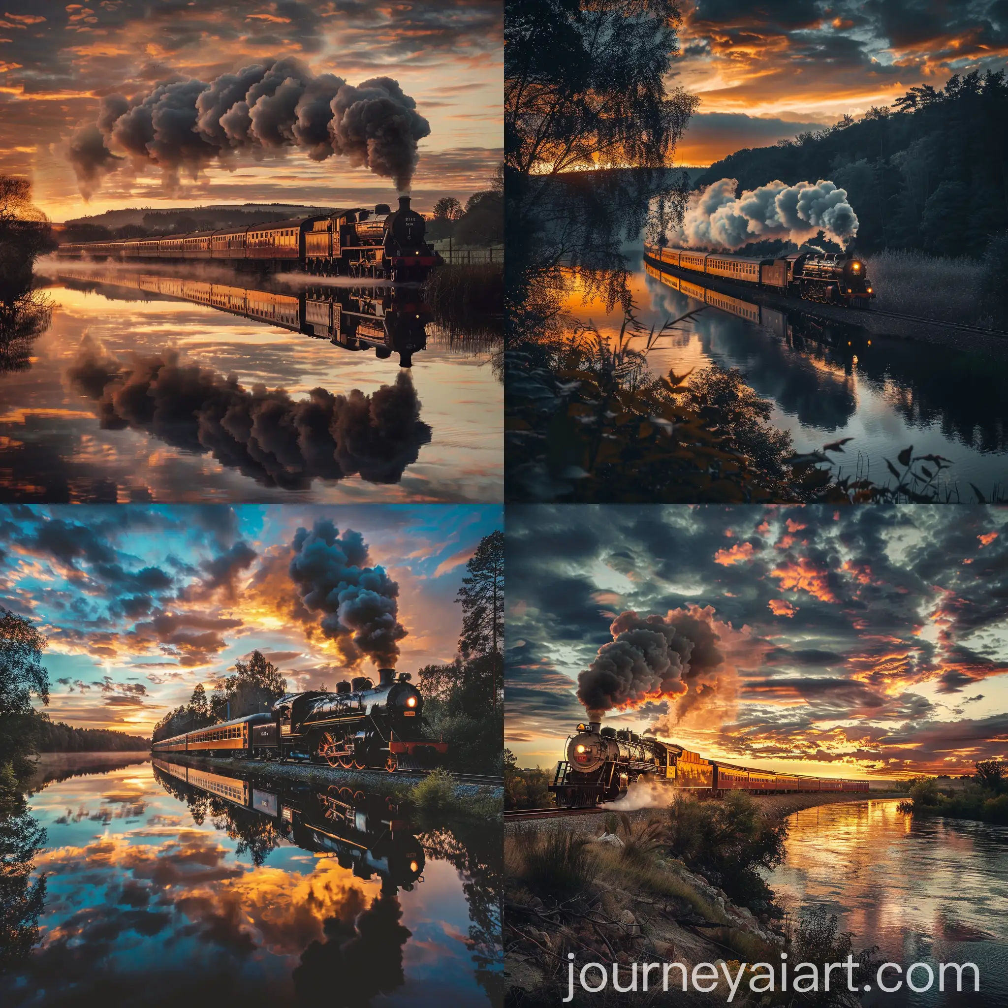 Steam-Train-Crossing-River-at-Sunset