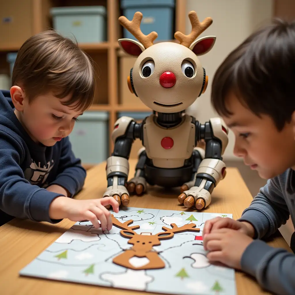 Genibot with children solving a reindeer puzzle.