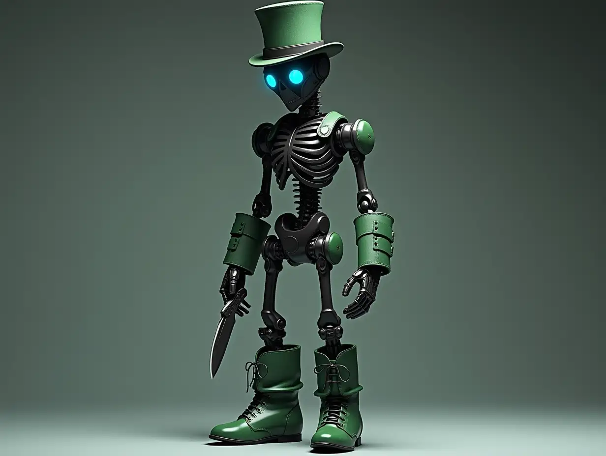 Create a high-resolution, realistic image of a robot with a skeletal body blue eyes, green leather boots and head a fashion training suit, and a knife  a top hat in 4K resolution