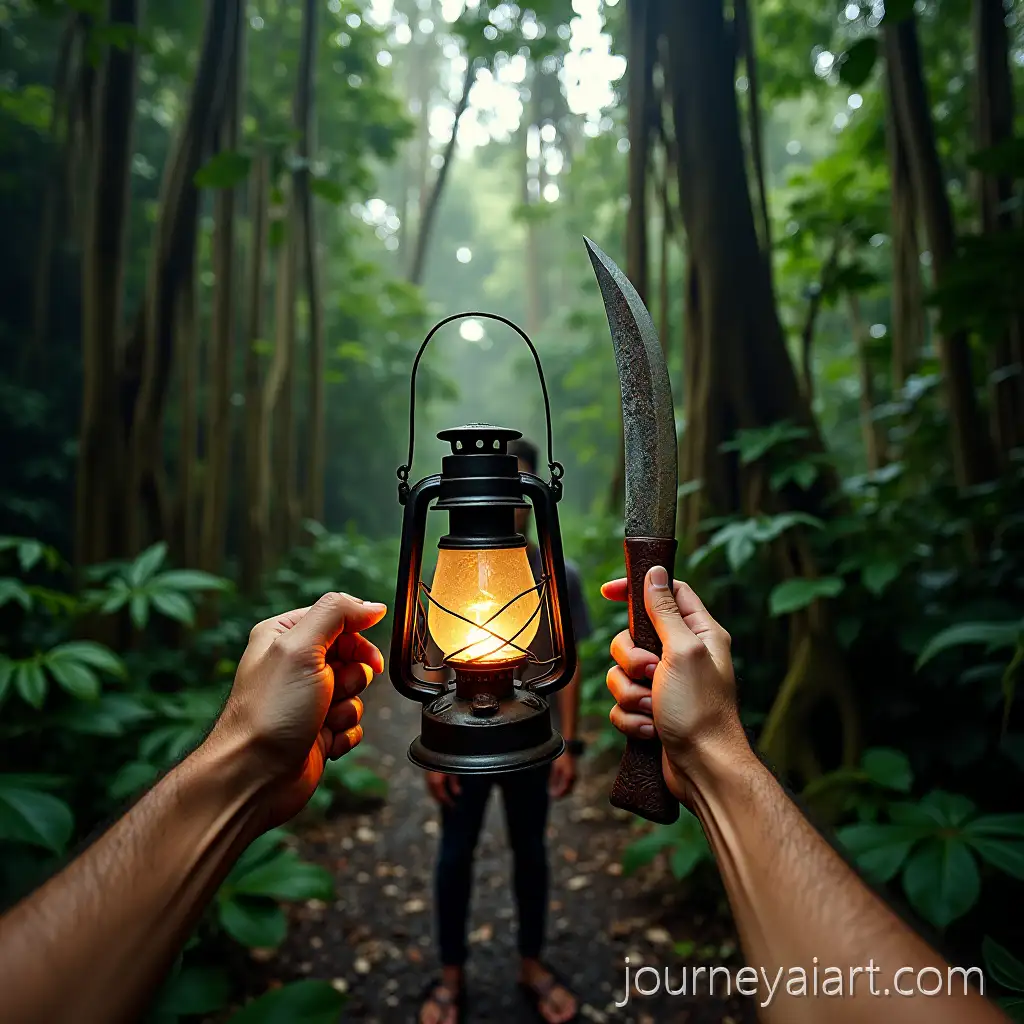 Man-with-LanternTropical-forest-exploration-1922-and-Machete-in-Indonesian-Tropical-Forest-1922