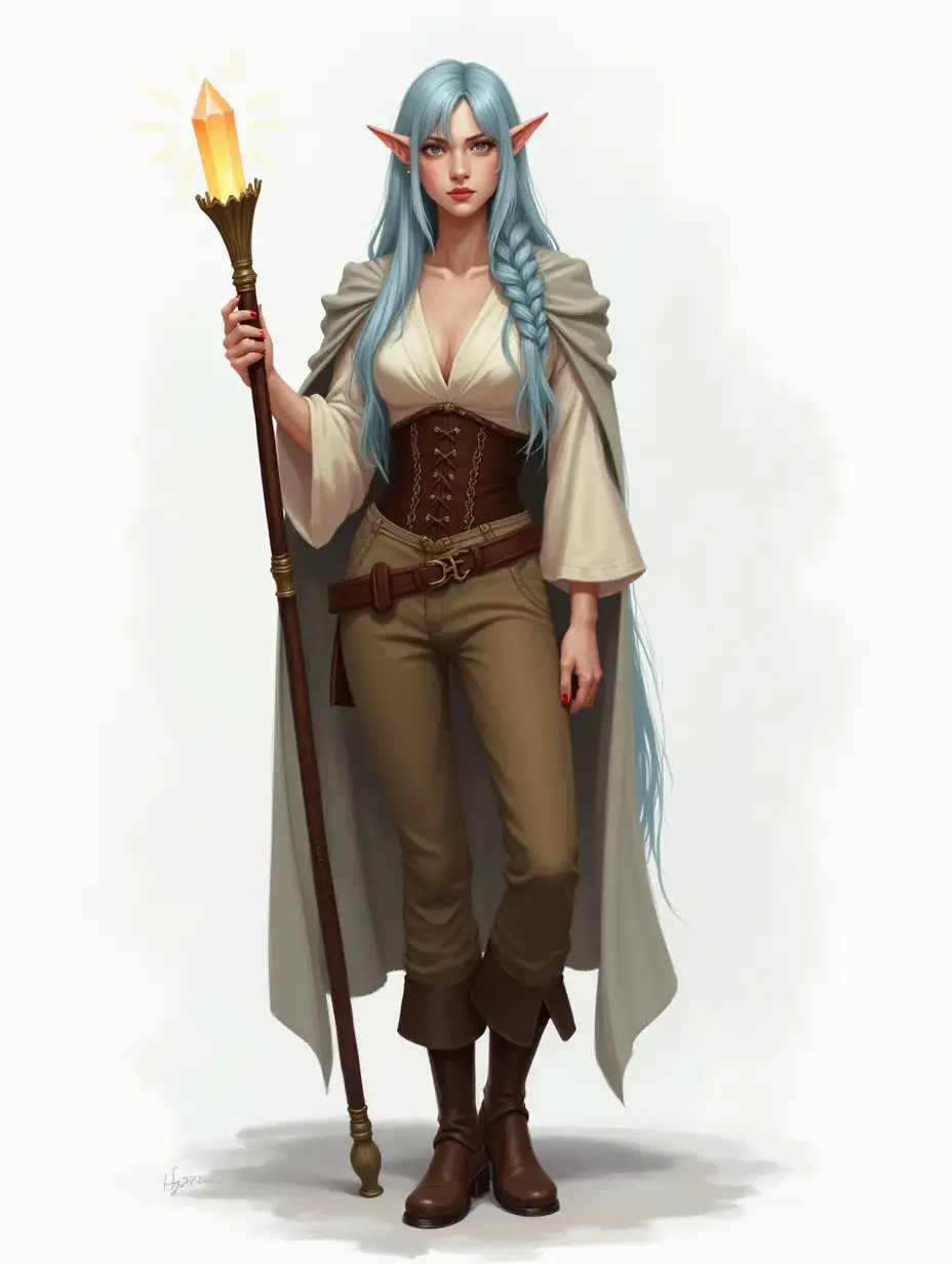 Full-body female elf, semi-realistic fantasy style. Mid-20s, average height, slim curvy build, pale skin. Long light blue hair in loose braid with face-framing bangs. Silver eyes, calm tired expression. Delicate sharp facial features, high cheekbones. Outfit: cream blouse under brown corset, earthy trousers, sturdy boots, cloak. Holding a glowing crystal-tipped staff. Confident posture, soft lighting, solid white/grey background. Intricate details, sharp focus, painterly textures, mystical atmosphere.