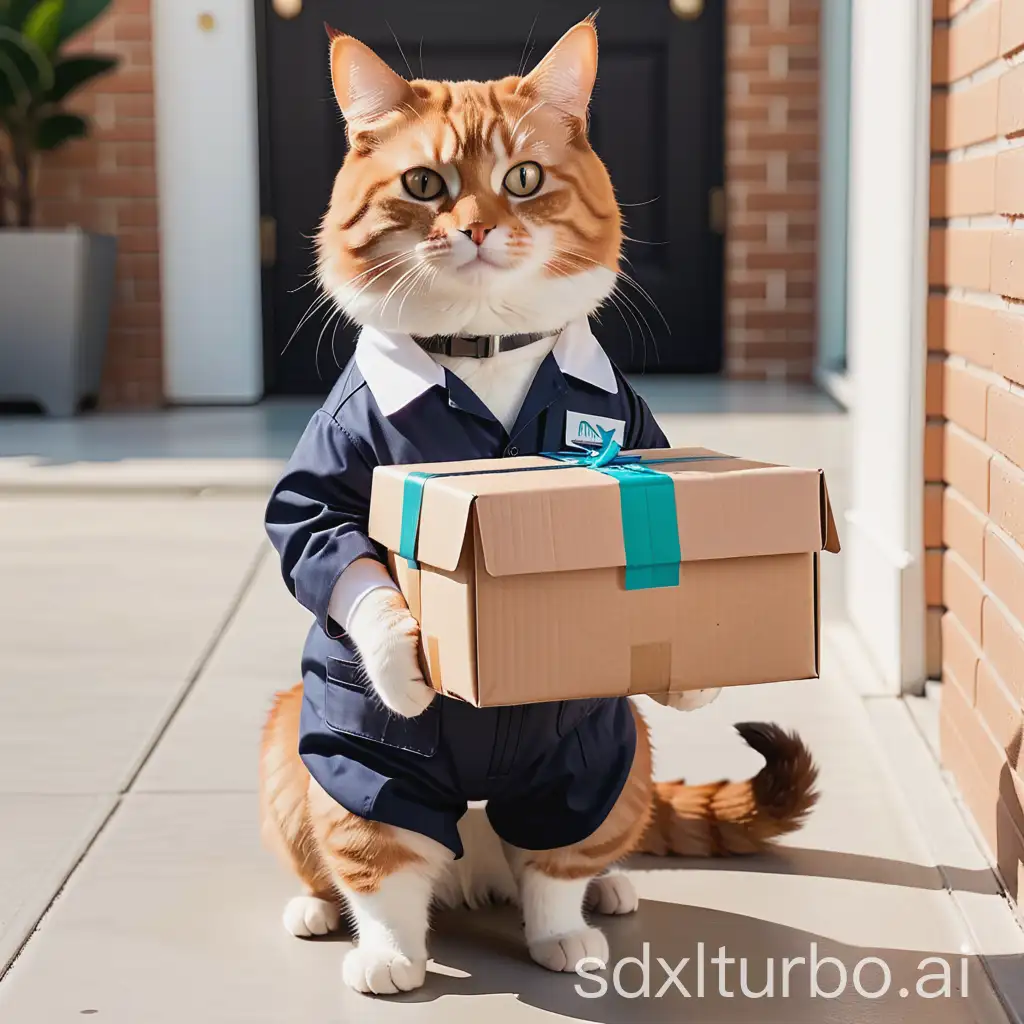 a cat wearing a work suit delivering packages