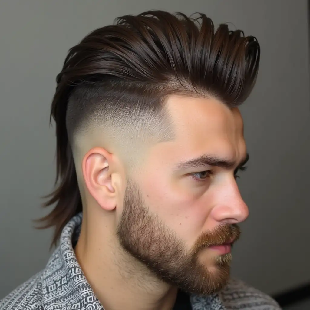 Create a high definition image of Burst Fade Mullet haircut for men.