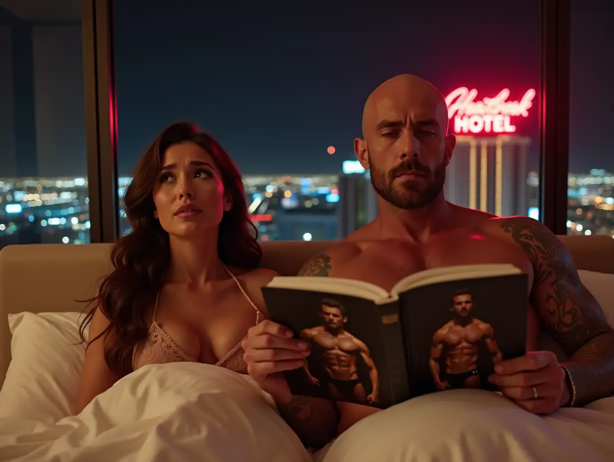 Man-Reading-Bodybuilding-Book-While-Wife-Watches-Upset-in-Luxury-Hotel-Room