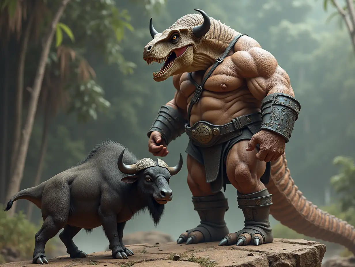 A very detailed photo. A full body representation of an Animal-Hybrid bodybuilder with armor and a Tyrannosaurus and Buffalo on a rock