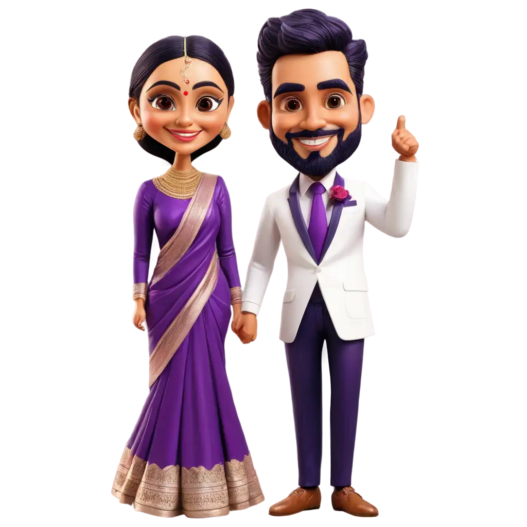 Vibrant-South-Indian-Wedding-Caricature-in-PNG-Format-Bride-in-Purple-Saree-and-Groom-in-Suit